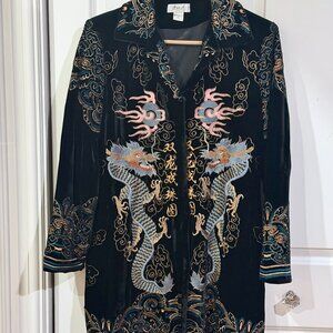 Vintage Black Velvet Embroidered Dragon Coat XL